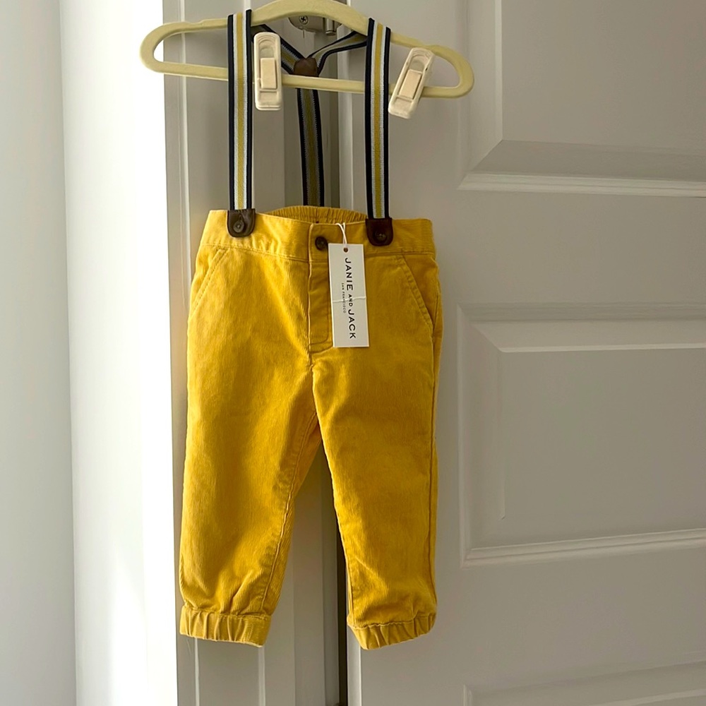 Janie and jack baby boy 12 month old mustard color corduroys with suspenders